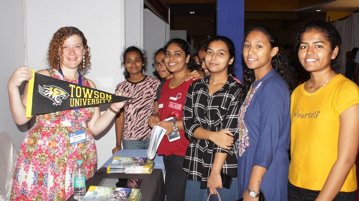 Representative of Towson University interacts with the students during US Education Fair organised at KLE Technological University in association with Yashna Trust in Hubballi on Monday.  