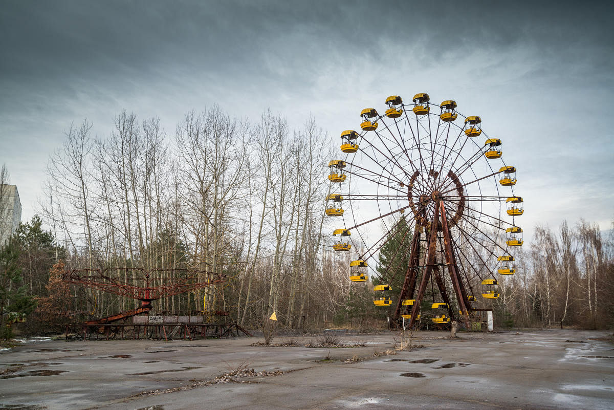 An abandoned Ferris wheel in an amusement park in Pripyat, Ukraine