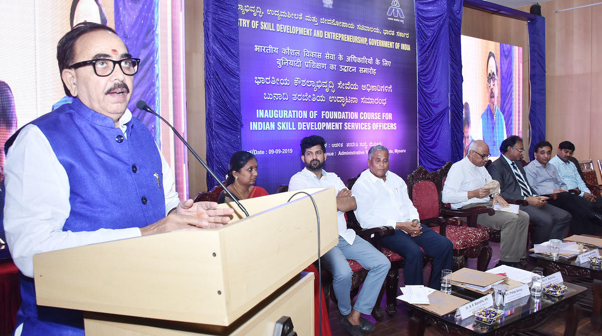Union Minister of Skill Development and Entrepreneurship Mahendra Nath Pandey addresses Indian Skill Development Service (ISDS) officers during the inaugural ceremony of a foundation course, at Administrative Training Institute (ATI), in Mysuru on Monday.