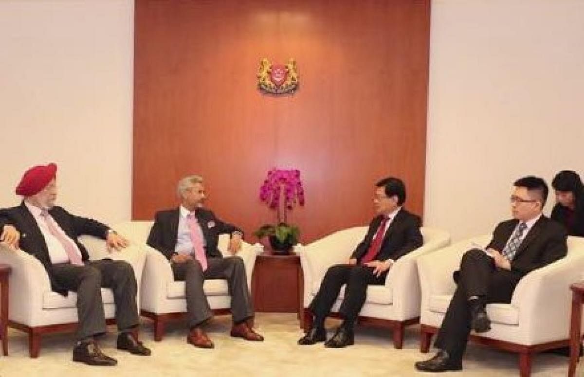 "Cordial meeting with Deputy PM &amp; Finance Minister @MOFsg Heng Swee Keat along with Minister @HardeepSPuri. Discussed refreshing the India-Singapore agenda by exploring opportunities provided by New India," tweeted Jaishankar. (Photo: Twitter)