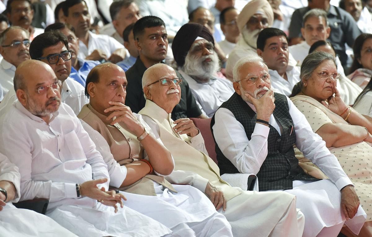 Prime Minister Narendra Modi with (L-R) Home Minister Amit Shah, Defence Minister Rajnath Singh, BJP veteran LK Advani and wife of the former union minister late Arun Jaitley, Sangita Jaitley during a condolence meeting, at Jawaharlal Nehru Stadium in New Delhi, on Tuesday, Sept. 10, 2019. Also seen is senior BJP leader LK Advani. PTI 