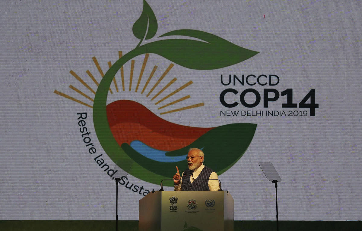 Prime Minister Narendra Modi speaks during the opening ceremony of the 14th Session of the Conference of the Parties (COP14) to United Nations Convention to Combat Desertification of in Greater Noida