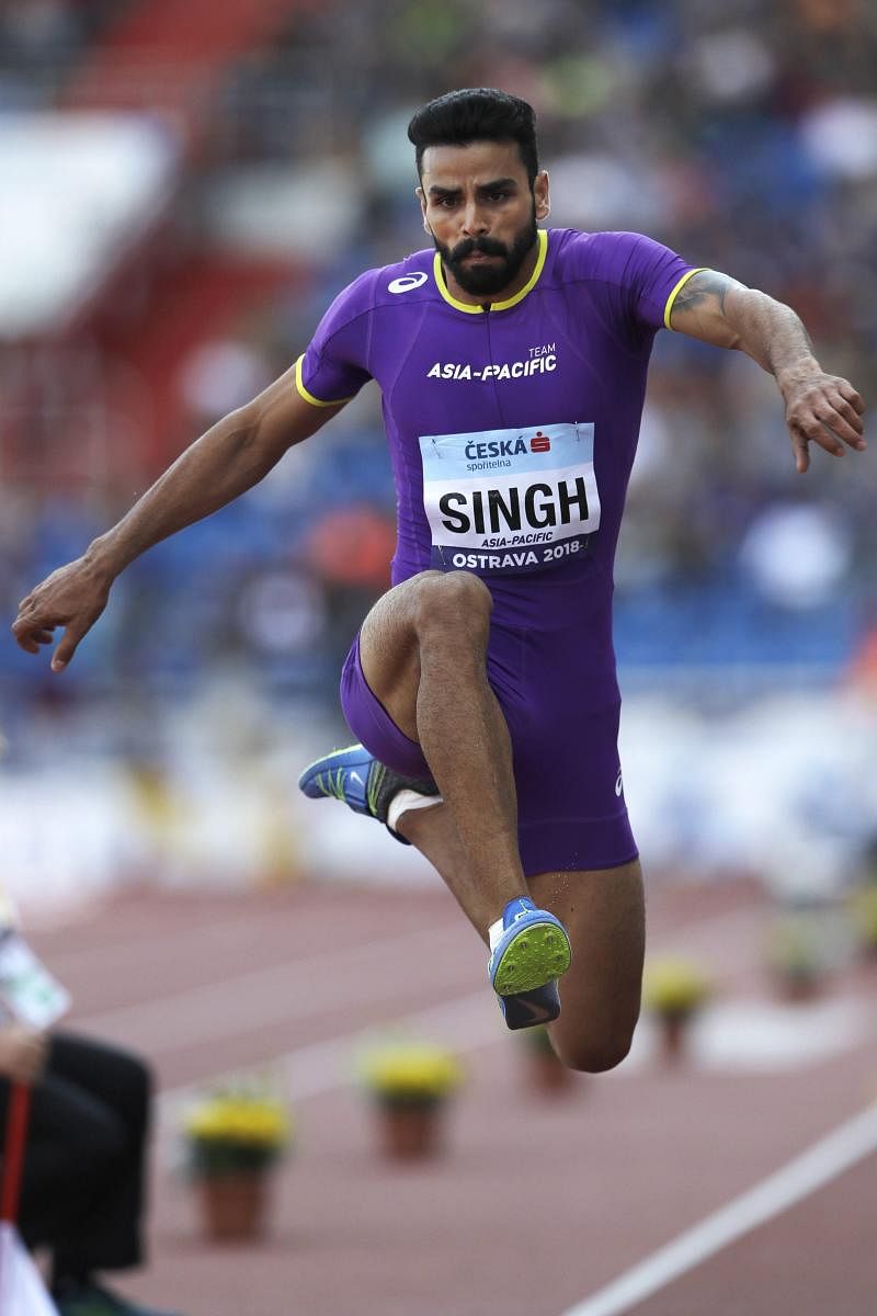 FINE EFFORT: India's Arpinder Singh in action during the men's triple jump at the IAAF Continental Cup in Ostrava, Czech Republic on Sunday. AP/PTI