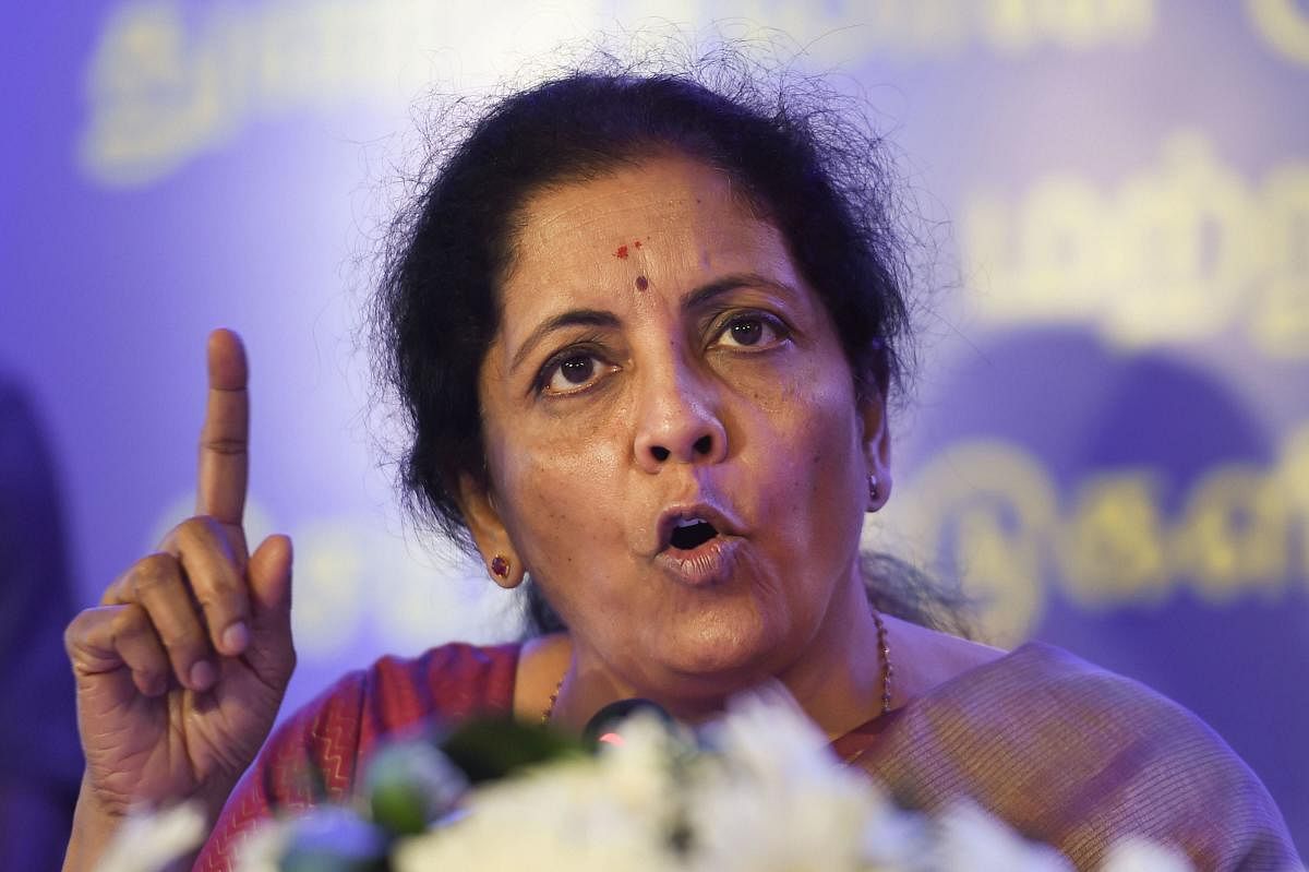 Union Finance Minister Nirmala Sitharaman addresses the media during the release of 'Jan Connect' on the initiatives taken by the government under '100 days of Bold Initiatives and Decisive Actions', in Chennai, Tuesday, Sept. 10, 2019. (PTI Photo)