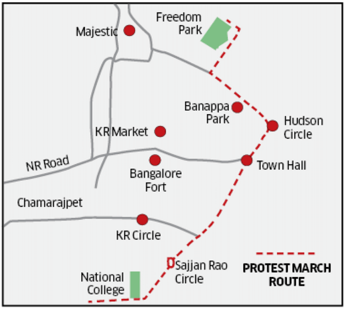 Vokkaliga groups protest march route.