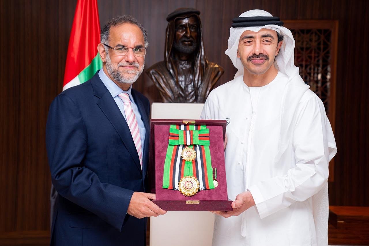India's outgoing Ambassador for UAE is being conferred with First Class Order of Zayed II award in Abu Dhabi. (Twitter/@IndembAbuDhabi)