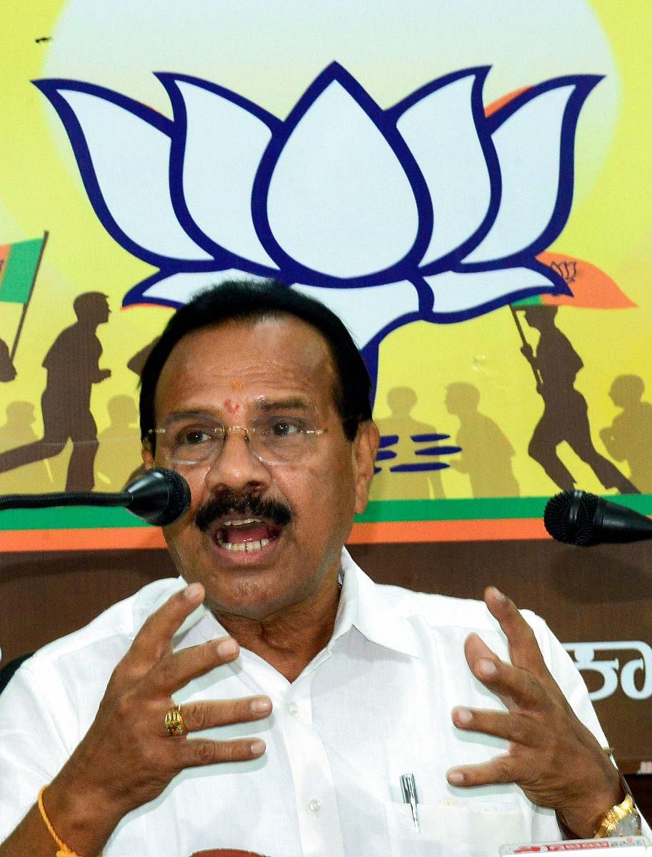 Minister of Chemicals and Fertilizers, D V Sadananda Gowda, addresses a press conference at BJP office, in Bengaluru, Monday, June 03, 2019. (PTI Photo)
