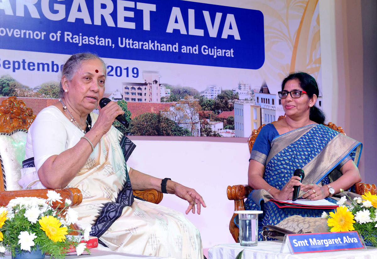Former Union minister Margaret Alva speaks at a programme held in St Aloysius College in Mangaluru on Wednesday.