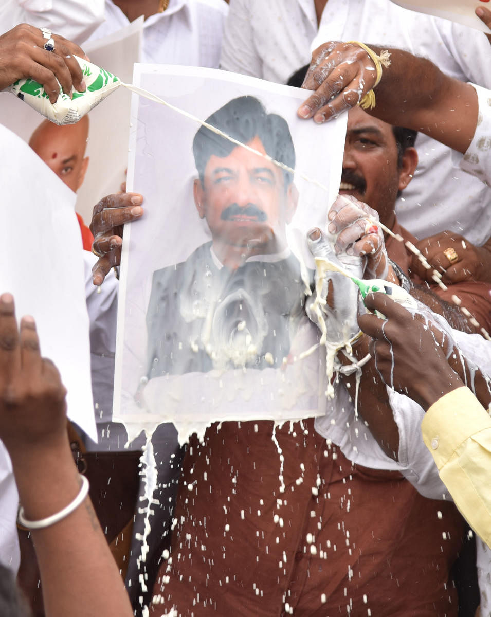 Members of Vokkaliga Sangha offering milk on portrait of D K Shivakumar 