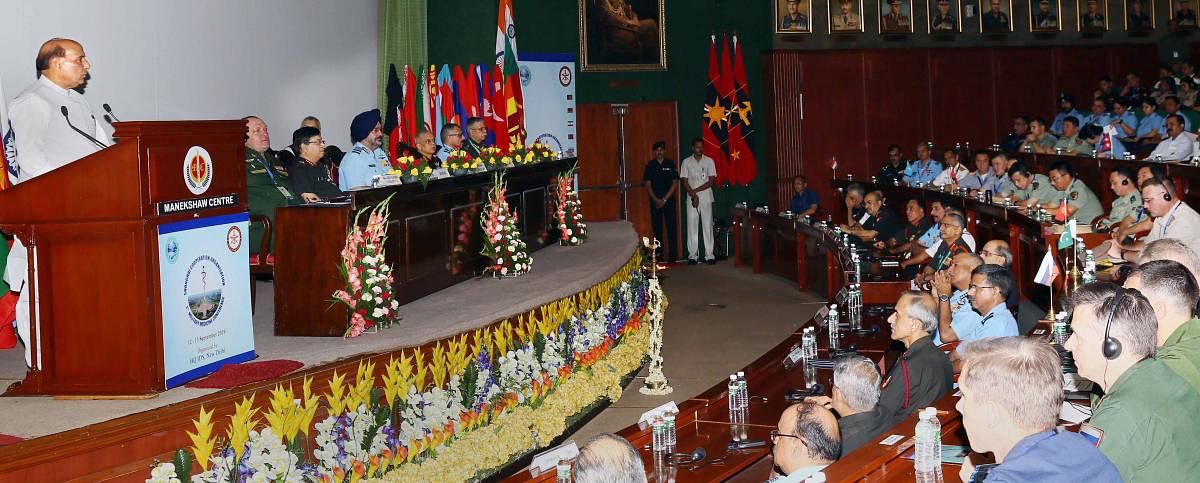 Defence Minister Rajnath Singh addresses the inaugural function of 1st Military Medicine Conference of Shanghai Co-operation Organisation (SCO) countries, in New Delhi, Thursday, Sept. 12, 2019. (PTI Photo)