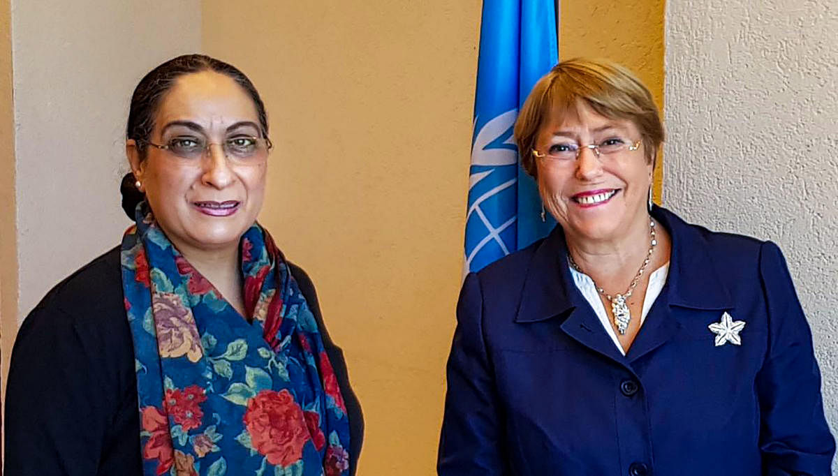 External Affairs Ministry Secretary (East) Vijay Thakur Singh with UNHR High Commissioner Michelle Bachelet on the sidelines of the UN Human Rights Council, in Geneva, Thursday, Sept. 12, 2019. (MEA Twitter Image)