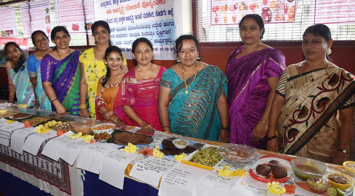 Women exhibited nutritious food during the nutrition campaign in Madikeri.
