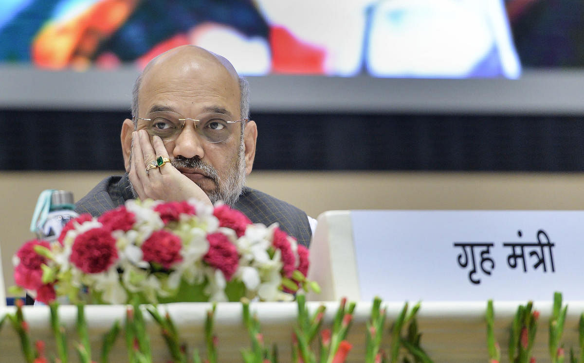 Home Minister Amit Shah looks on during the 'Hindi Divas Samaroh' in New Delhi, Saturday, Sept. 14, 2019.