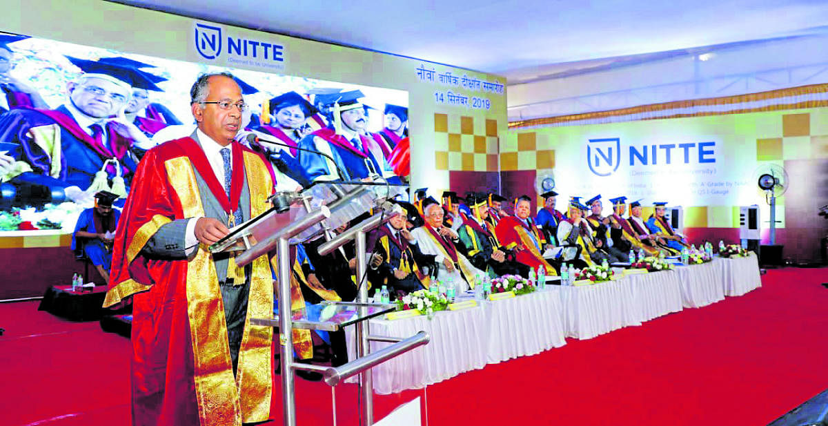 Canterbury Christ Church University Vice-Chancellor Rama Thirunamachandran addresses graduands of Nitte (Deemed to be University) at the ninth annual convocation organised on the university campus on Saturday.