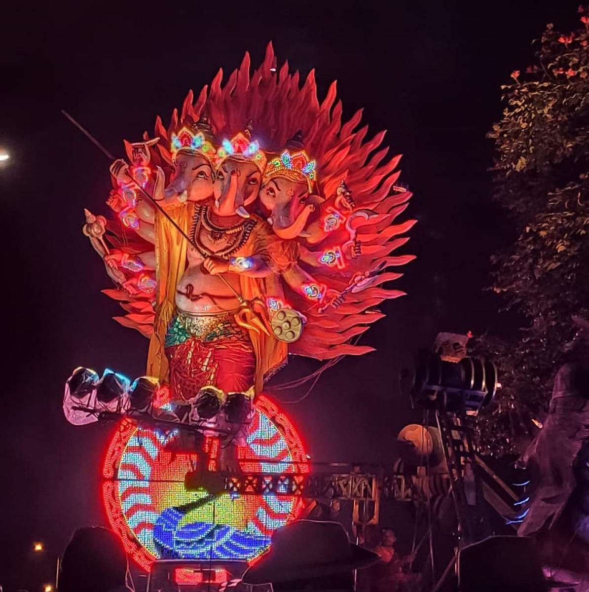 A tableau depicting 'Gajasura Samhara', during the Ganesha idol immersion procession in Madikeri on Saturday night.