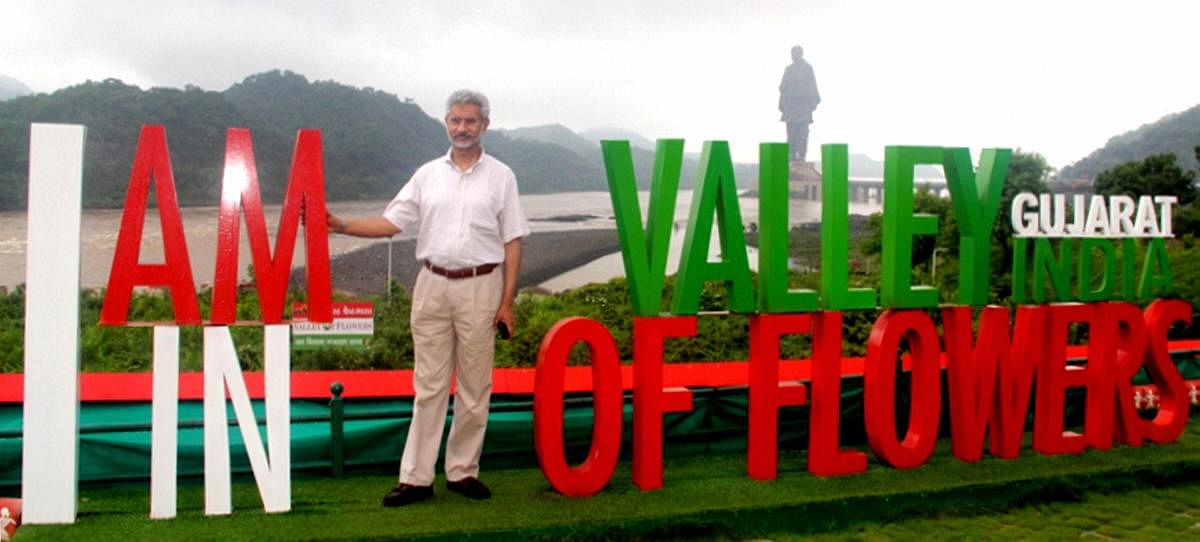 External Affairs Minister S Jaishankar poses for photographs during his visit to the 'Statue of Unity' in Narmada district (PTI Photo)