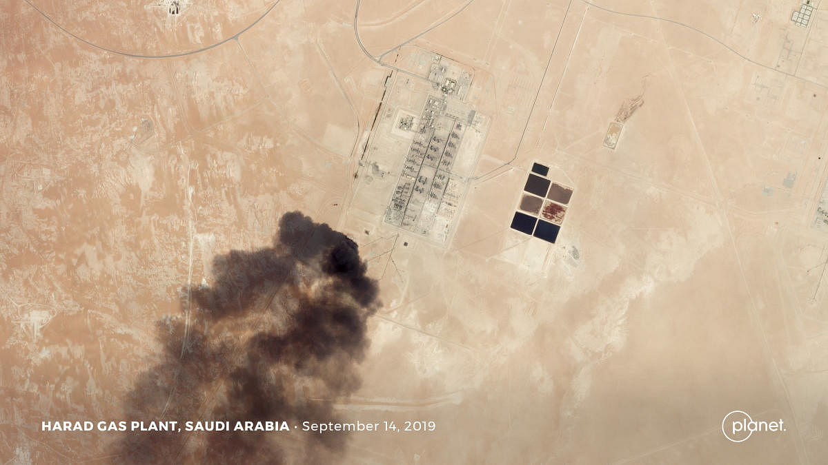 A satellite image shows an apparent drone strike on an Aramco oil facility in Harad, Saudi Arabia September 14, 2019.  (Photo by Reuters)