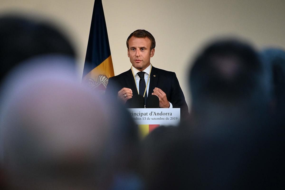 French President and Andorra co-Prince Emmanuel Macron delivers a speech in Andorra la Vella. (AFP Photo)