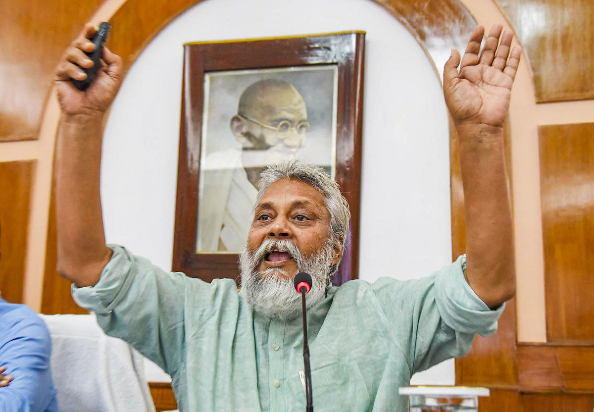 Patna: Magsaysay Award winner Rajendra Singh, also known as waterman of India, addresses a workshop on Water Harvesting System, at old Secretariat in Patna, Monday, Sept. 16, 2019. (PTI Photo)