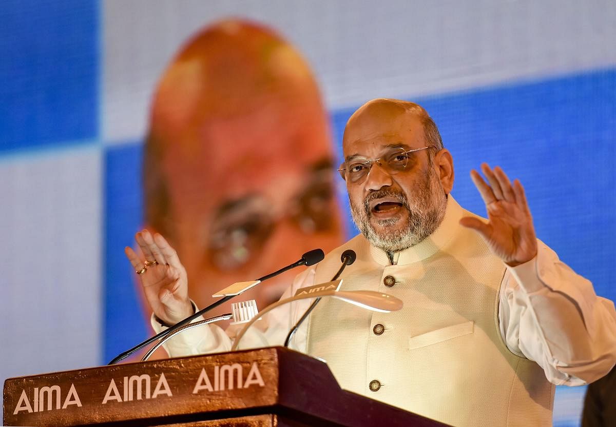 Home Minister Amit Shah addresses during the 46th National Management Convention of the All India Management Association (AIMA), in New Delhi, Tuesday, Sept. 17, 2019. Photo/PTI