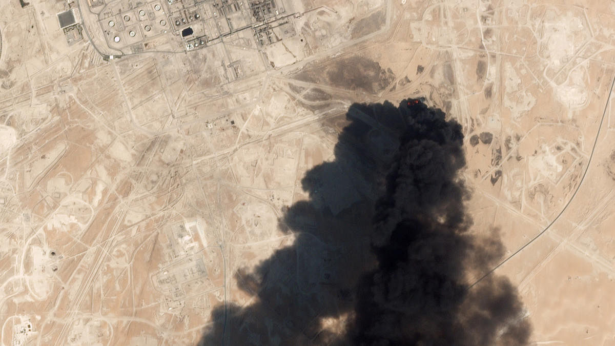 This satellite overview handout image obtained September 16, 2019 courtesy of Planet Labs Inc. shows damage to oil/gas infrastructure from weekend drone attacks at Abqaiq on September 14 2019 in Saudi Arabia. AFP PHOTO / Planet Labs Inc. / HO