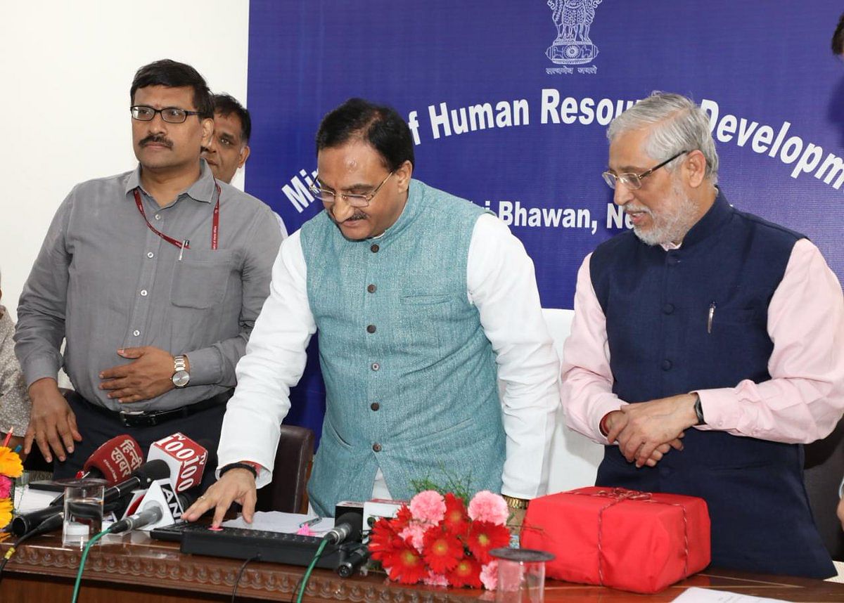 For one-fourth of their total score on various parameters, teachers will have to depend on the good ratings from the students under the feedback collection programme launched by the Human Resource Development (HRD) minister Ramesh Pokhriyal Nishank on Wednesday. (Credit: Twitter/@DrRPNishank)