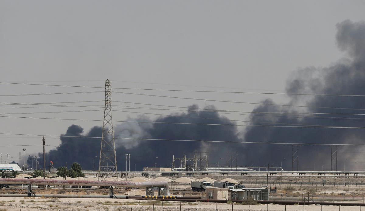 Smoke is seen following a fire at Aramco facility in the eastern city of Abqaiq, Saudi Arabia, September 14, 2019. REUTERS