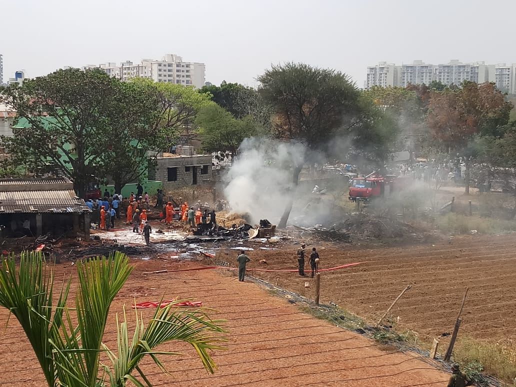 DH PhotoTwo Advanced Jet Trainer, Hawks attached to the Surya Kiran aerobatic team collided mid-air during a practice sortie on Tuesday afternoon, killing a pilot. A photo showing the wreckage of the crash.  DH photo. 