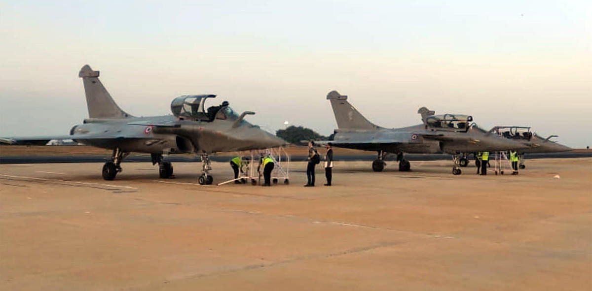Three Rafale aircraft touched down at the Yelahanka Air Force Station on Wednesday. Pix: Tarmak