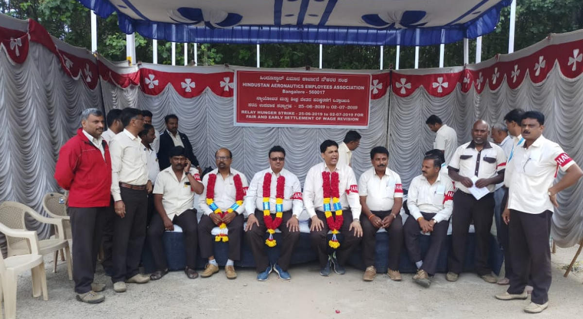 HAL Union office-bearers begin their relay hunger strike in Bengaluru on Tuesday