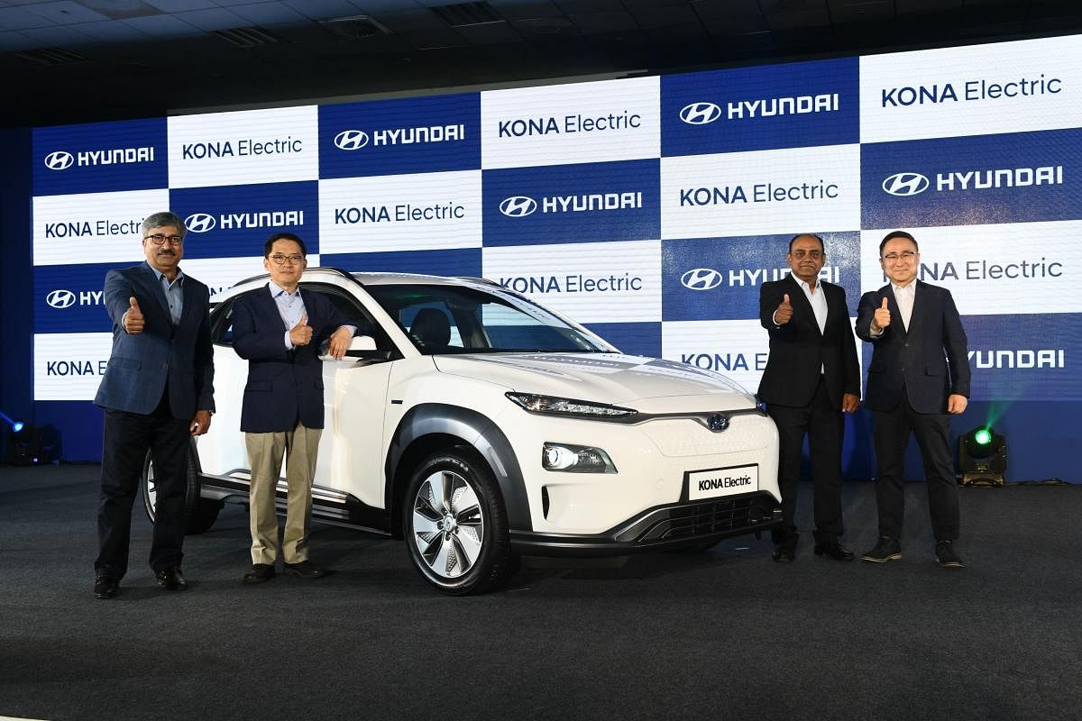 Top Hyundai officials at the launch of India's first fully electric car, the Hyundai Kona