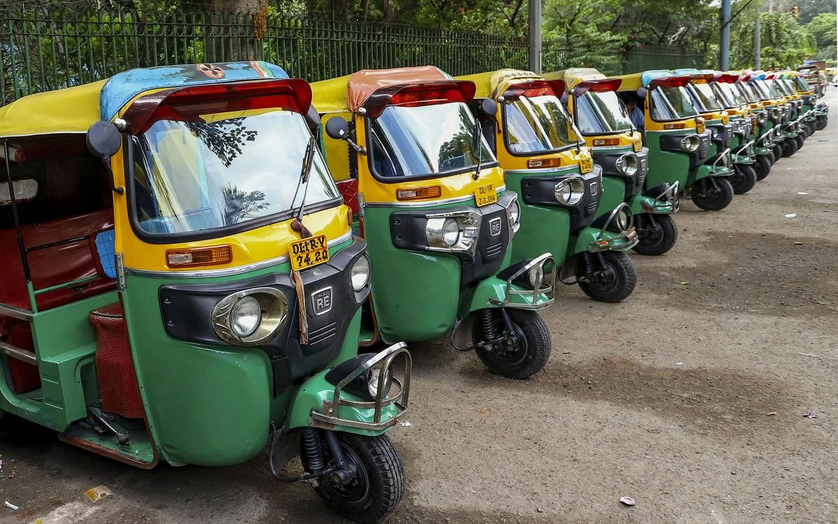New Delhi: Auto rickshaws parked in the Ajmeri Gate area during a strike called by the United Front of Transport Associations (UFTA) against various provisions of the amended Motor Vehicles (MV) act, in New Delhi. PTI