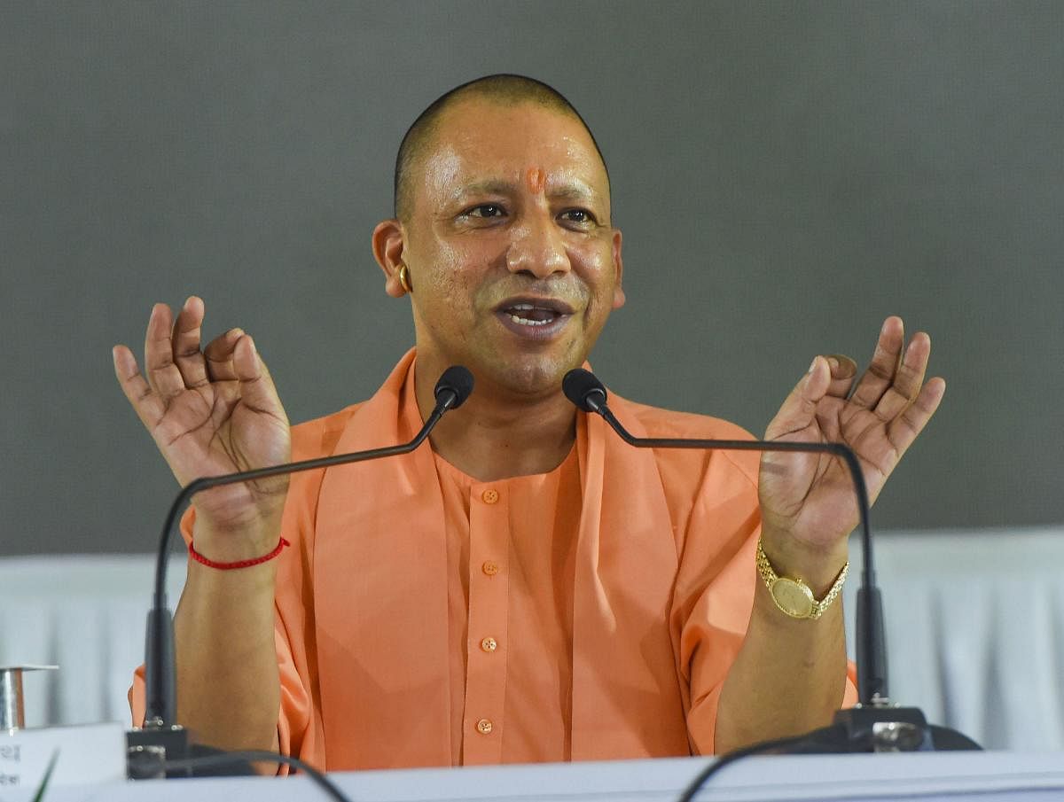 Lucknow: Uttar Pradesh Chief Minister Yogi Adityanath addresses a press conference on completing 30 months in his office, in Lucknow, Thursday, Sept. 19, 2019. (PTI Photo)
