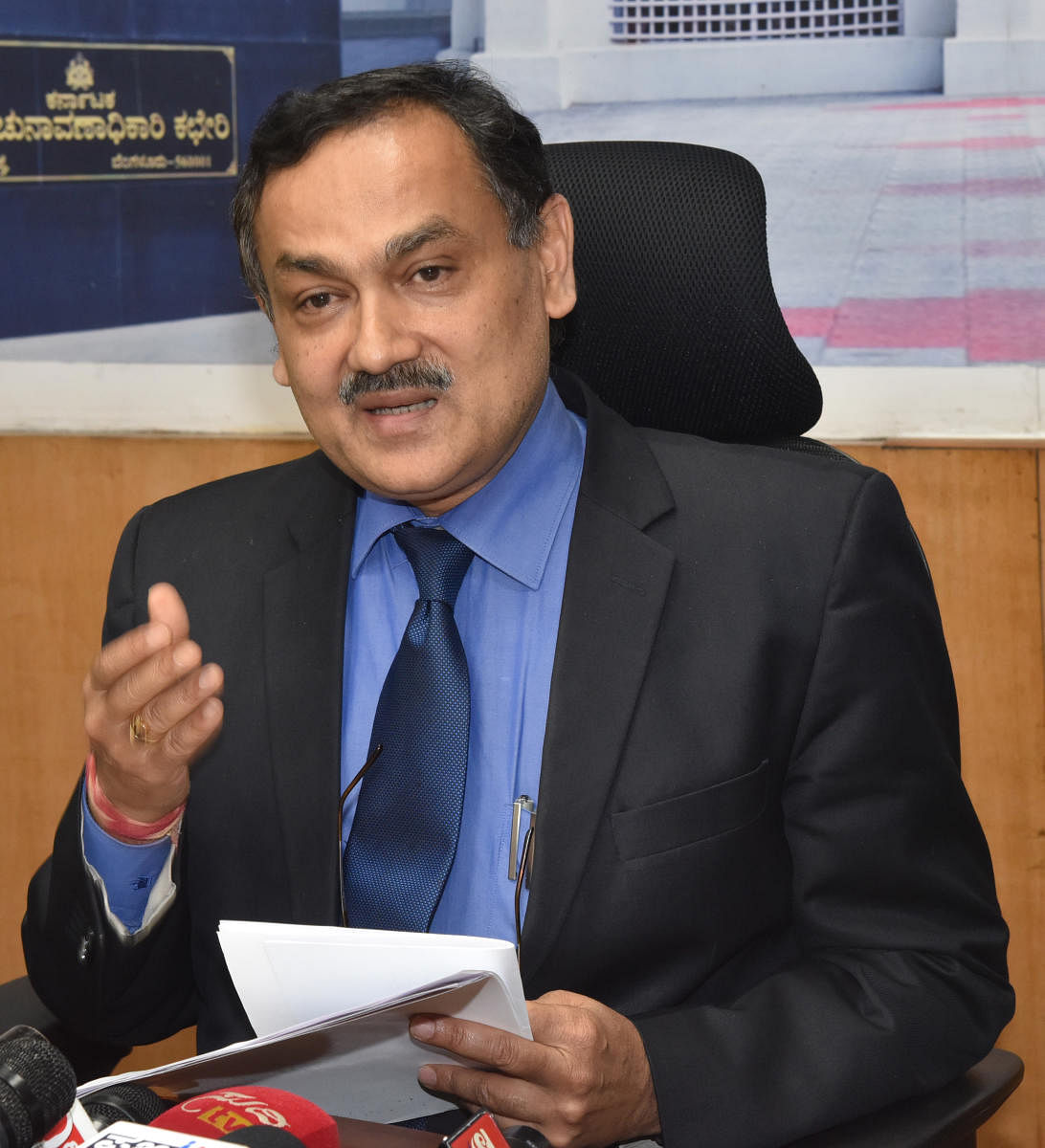 Sanjeev Kumar, Chief Electoral Office addressing emergency Press Meet regarding ID cards found in Raja Rajeshwari Nagar in Bengaluru on Tuesday Late Night. Photo by S K Dinesh