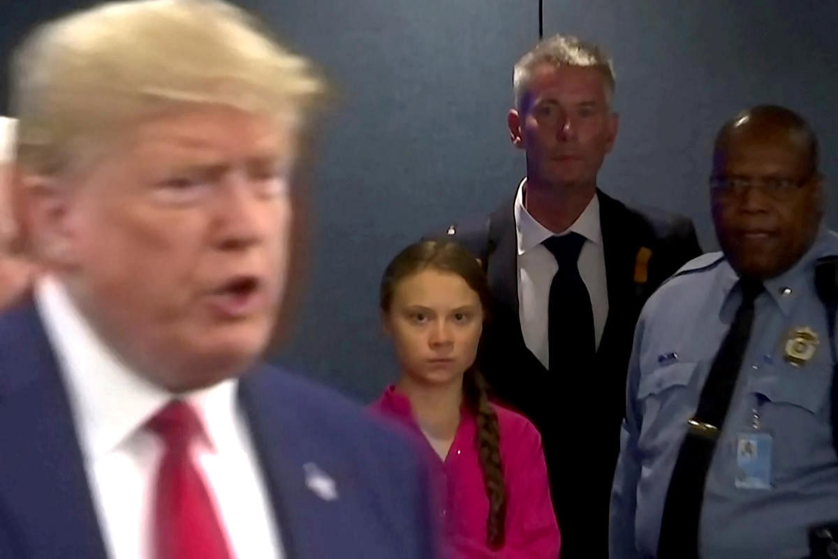 Swedish environmental activist Greta Thunberg watches as U.S. President Donald Trump enters the United Nations to speak with reporters in a still image from video taken in New York City, U.S. September 23, 2019. Photo/Reuters 