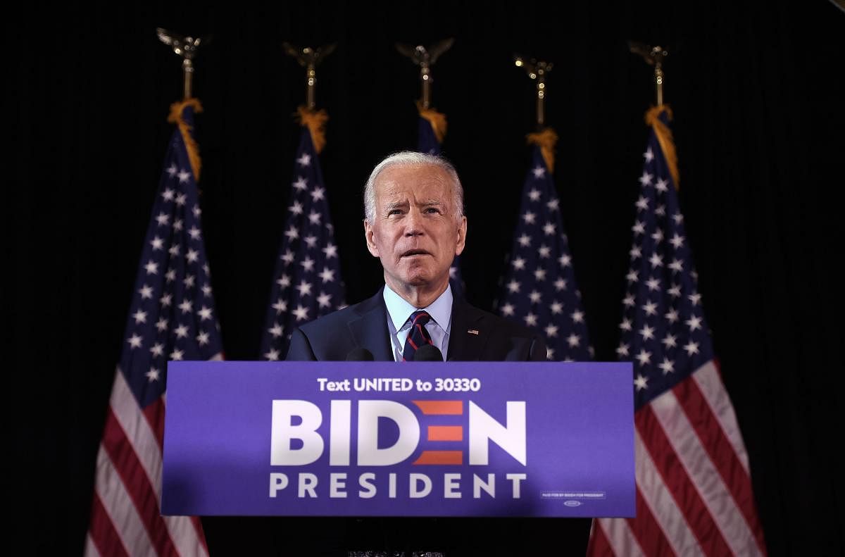 Former vice-president and Democratic presidential hopeful Joe Biden makes a statement on Ukraine corruption during a press conference at the Hotel Du Pont on September 24, 2019 in Wilmington, Delaware. (AFP)
