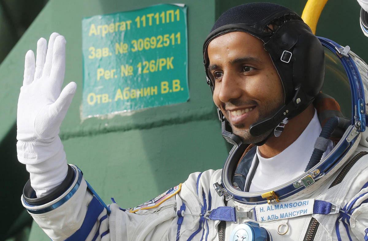United Arab Emirates astronaut Hazza Al Mansouri, a member of the main crew to the International Space Station (ISS), boards the Soyuz MS-15 spacecraft for the launch at the Russian leased Baikonur cosmodrome, Kazakhstan, Wednesday, Sept 25, 2019. (AP/PTI