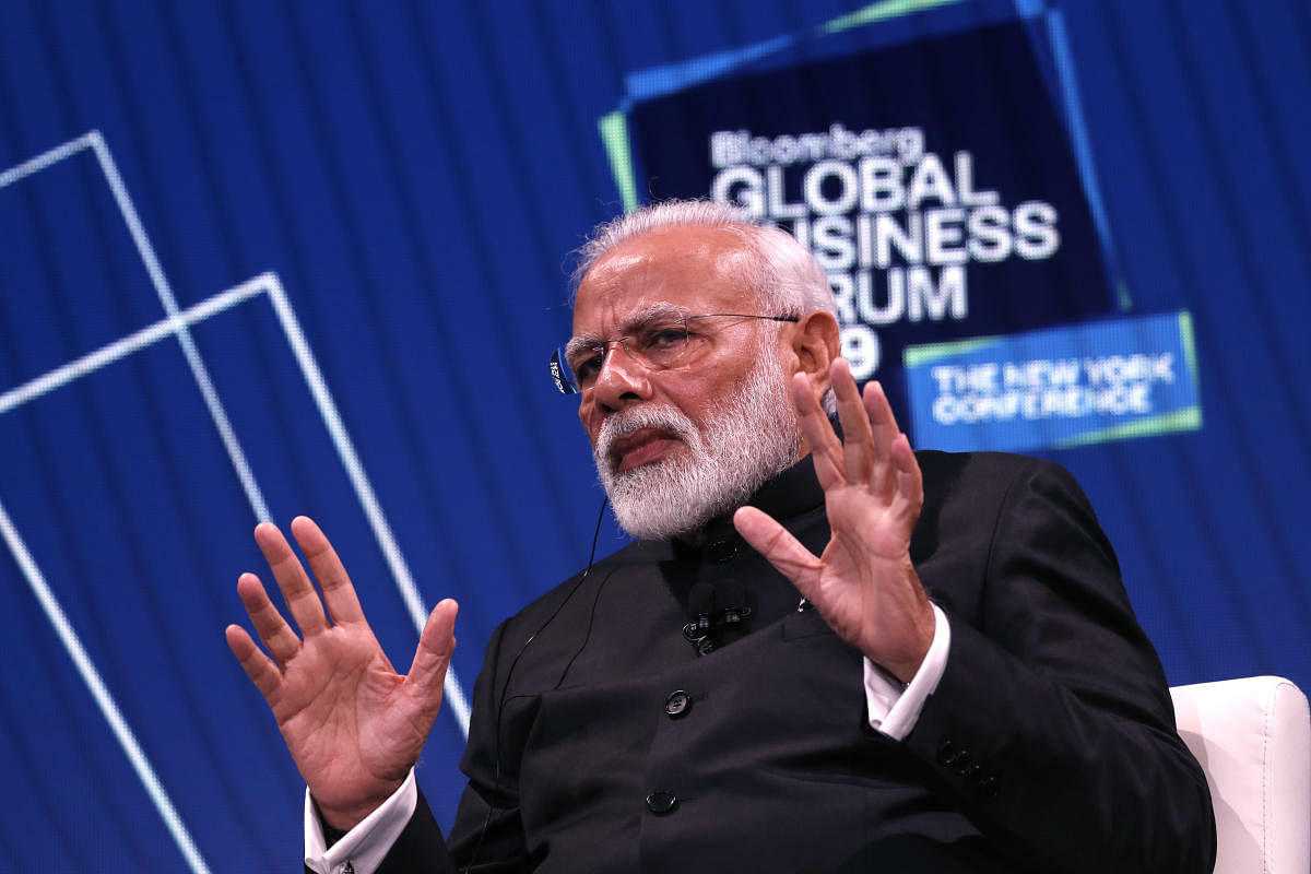 Indian Prime Minister Narendra Modi speaks during the Bloomberg Global Business Forum in New York City, New York, September 25, 2019. (REUTERS)