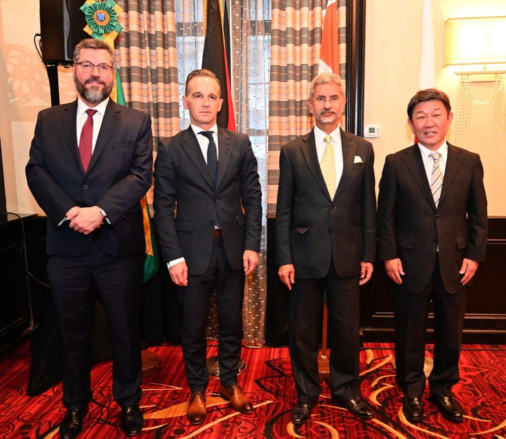 The Foreign Ministers of the G4 countries -- Brazil, Germany, India and Japan -- met during the 74th session of the United Nations General Assembly in New York on Wednesday. (Twitter/@DrSJaishankar)