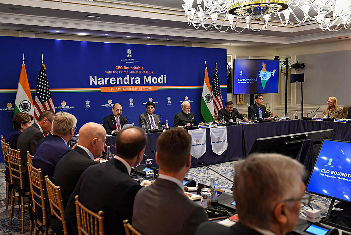 Prime Minister Narendra Modi in a roundtable meeting with the CEOs, in New York, Wednesday, Sept. 25, 2019. (PIB/PTI Photo)