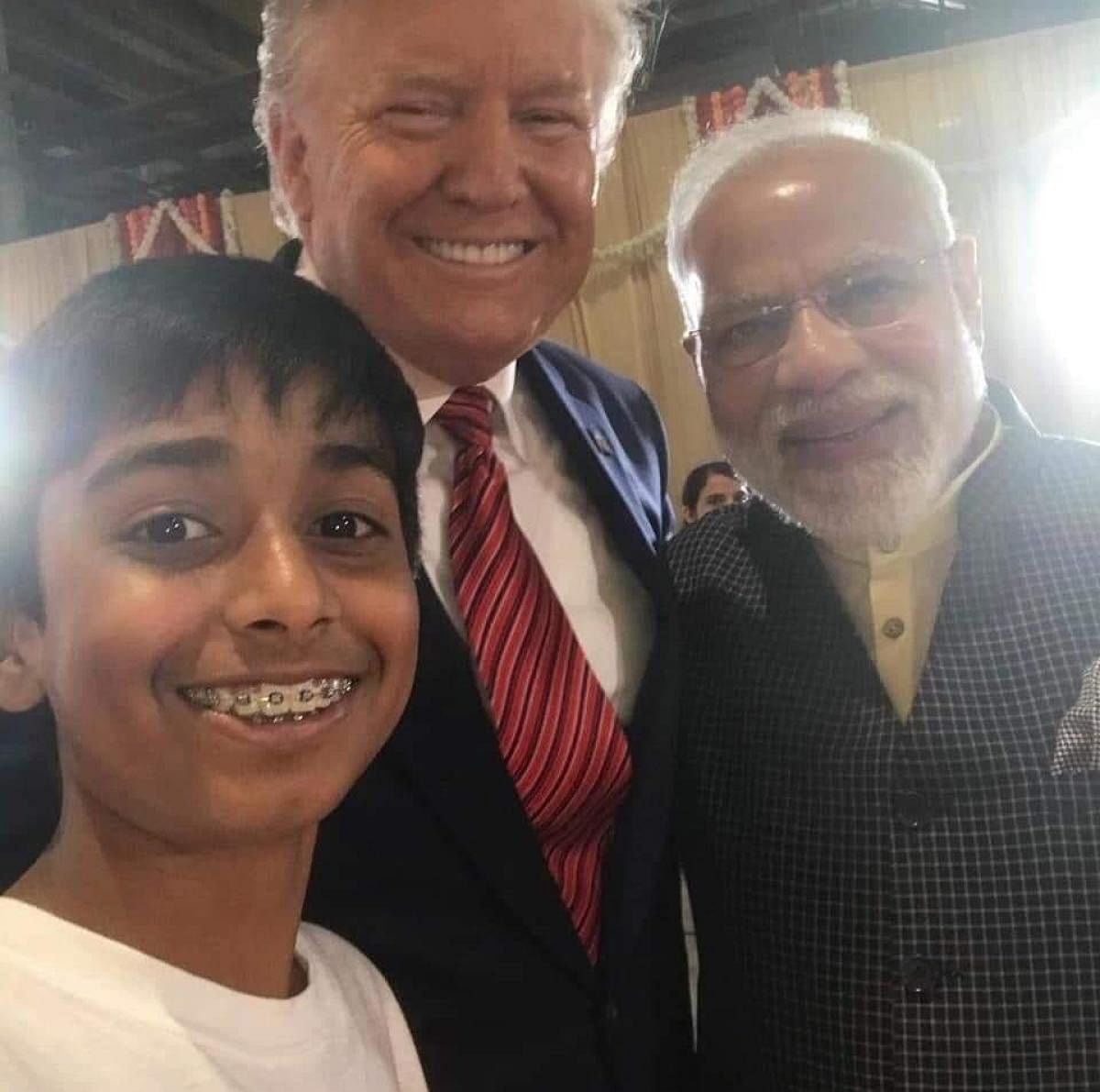 In an image that went viral this week, Satvik Hegde poses with US President Donald Trump and Prime Minister Narendra Modi in Houston, Texas. Courtesy: Instagram