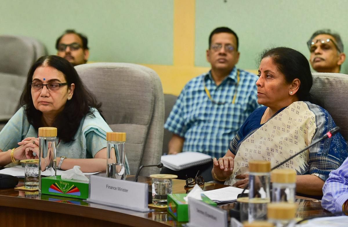 Finance Minister Nirmala Sitharaman chairs a meeting with secretaries and financial advisors of key ministries to review the total CapEx by the ministries in 2019-20, in New Delhi, Friday, Sept. 27, 2019. (PTI Photo)