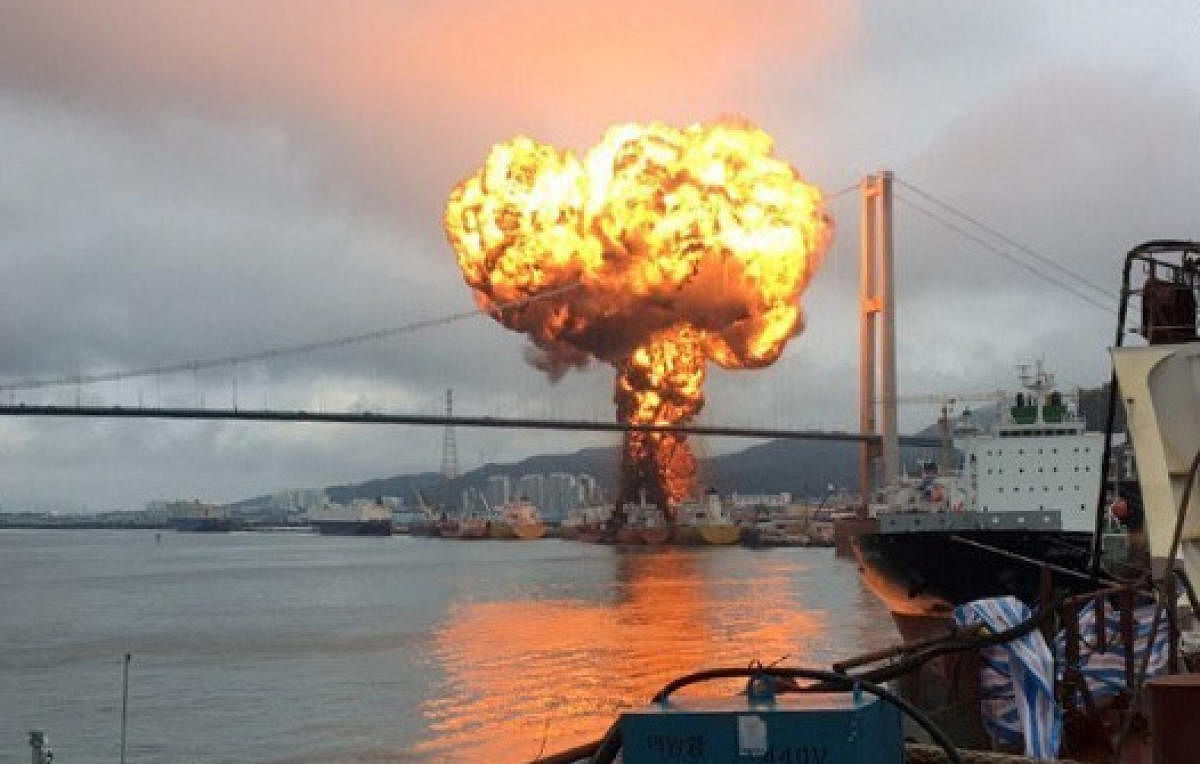 Fire from a vessel is seen at a port in Ulsan, South Korea, September 28, 2019. (Yonhap via REUTERS)