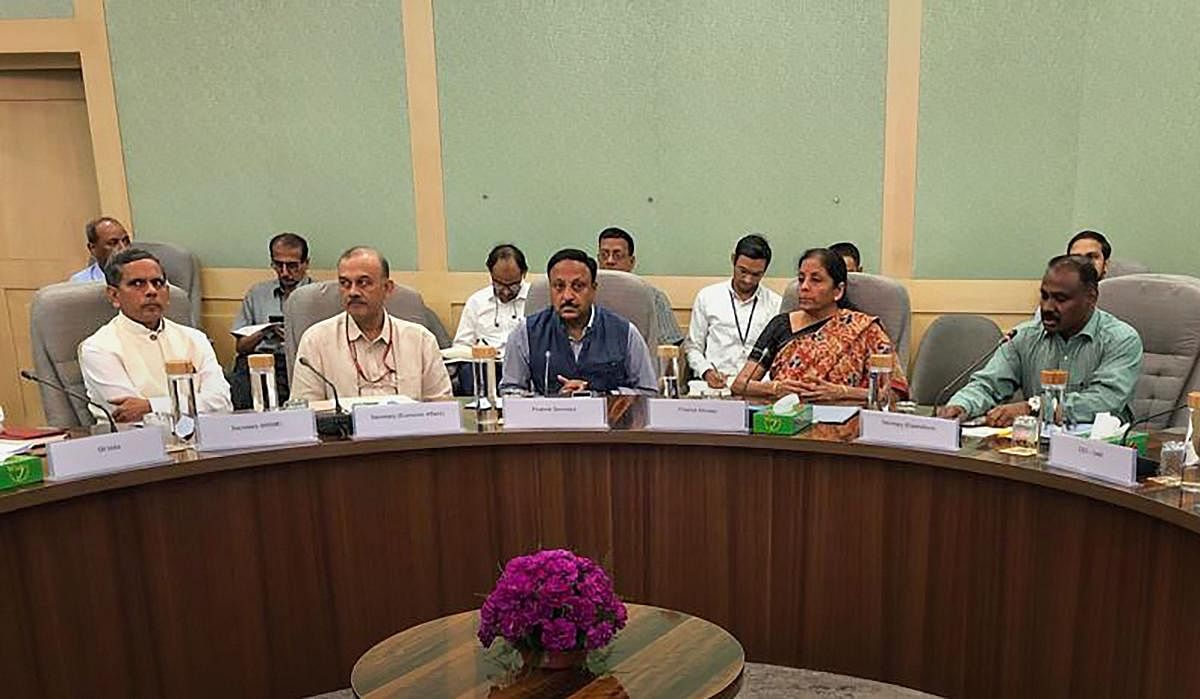 Image released on Twitter, Saturday, Sept. 28, 2019, Union Minister for Finance and Corporate Affairs Nirmala Sitharaman chairs a meeting on capital expenditure, pending payments, arbitration of major CPSUs. (Twitter/PTI Photo)