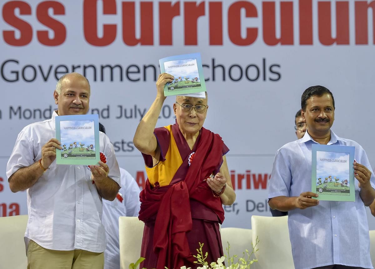 The 'Happiness Curriculum' was launched by Kejriwal, Manish Sisodia and the Dalai Lama in July last year. PTI File Photo