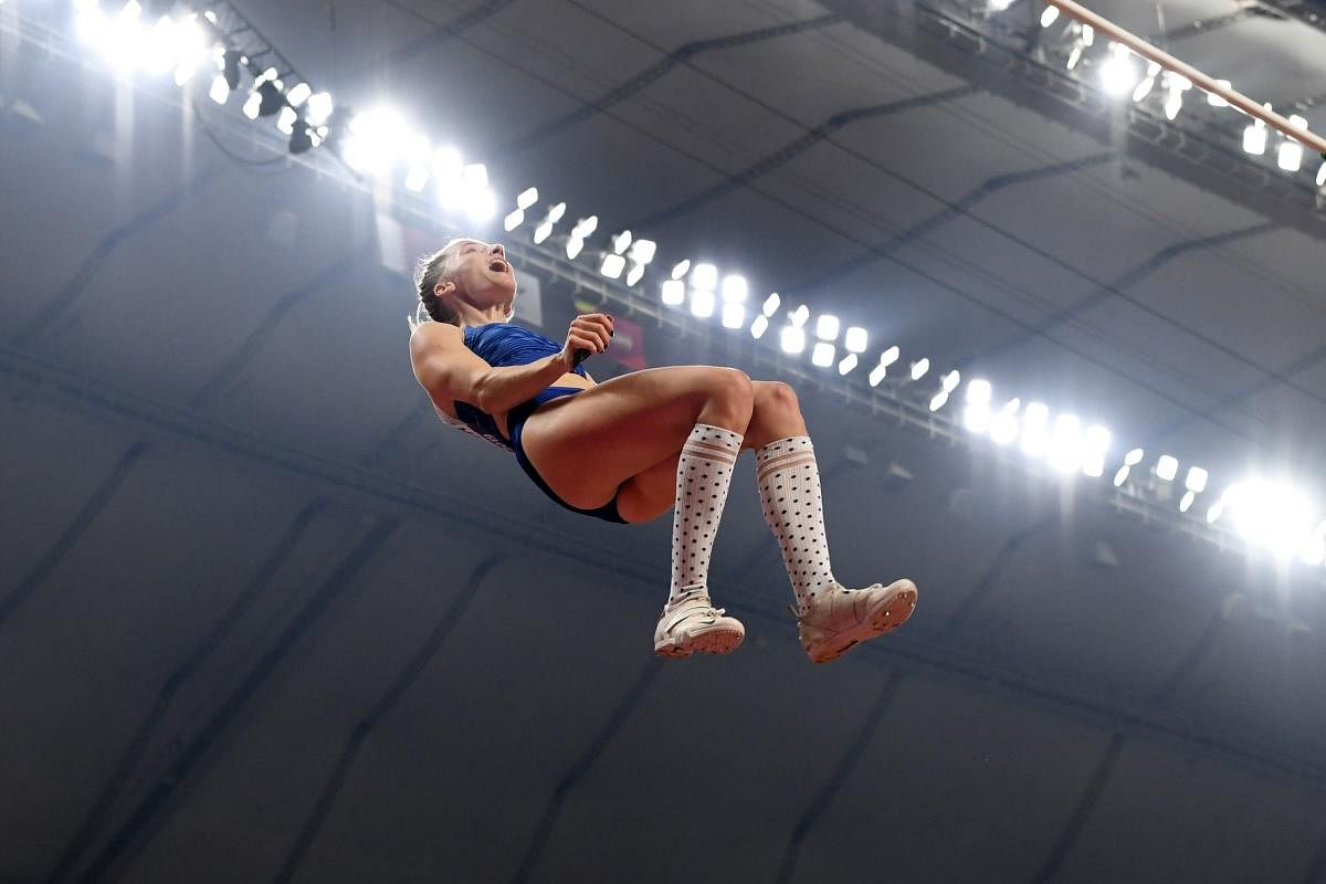 Russia's Anzhelika Sidorova reacts while competing in the Women's Pole Vault final at the 2019 IAAF World Athletics Championships at the Khalifa International Stadium in Doha on September 29, 2019. (Photo by Kirill KUDRYAVTSEV / AFP)