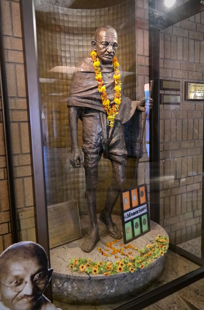 A statue of Mahatma Gandhi in the foyer of the Gandhi Hall in Lenasia, Johannesburg, South Africa. (PTI Photo)