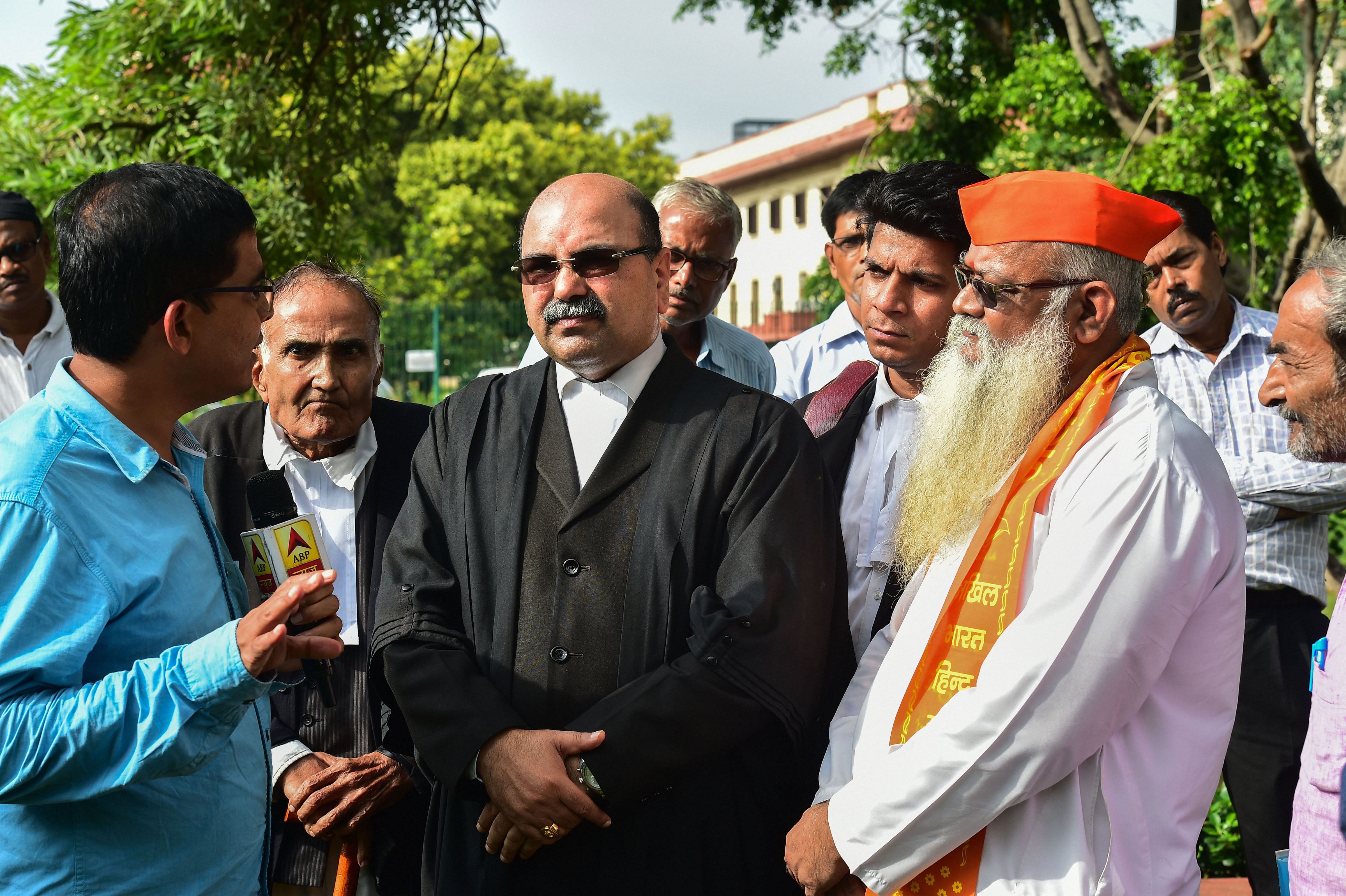 Hindu Mahasabha's advocate Varun Kumar Sinha after a hearing on Ayodhya land dispute case, at Supreme Court in New Delhi. (PTI Photo)