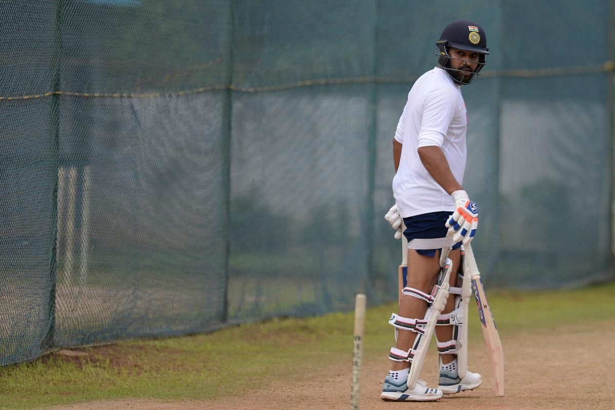 Rohit Sharma bats in the nets during a practice session prior to the first Test between India and South Africa in Visakhapatnam. Credit: AFP