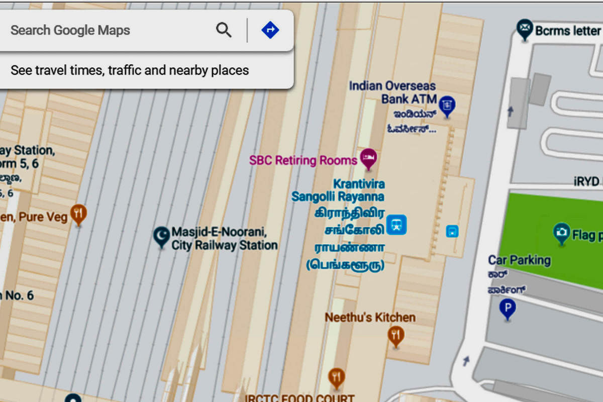 A screengrab of Google Map showing Krantivira Sangolli Rayanna station written in Tamil.